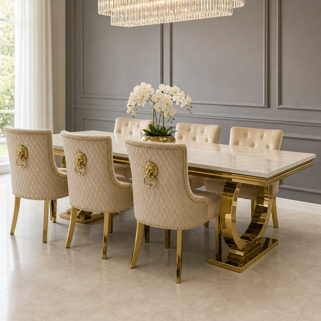 Ariana Cream & Gold Marble Dining Table Set | Majestic Mink Velvet Lion Knocker Chairs | 4 to 10 Seater | 3 Size Options
