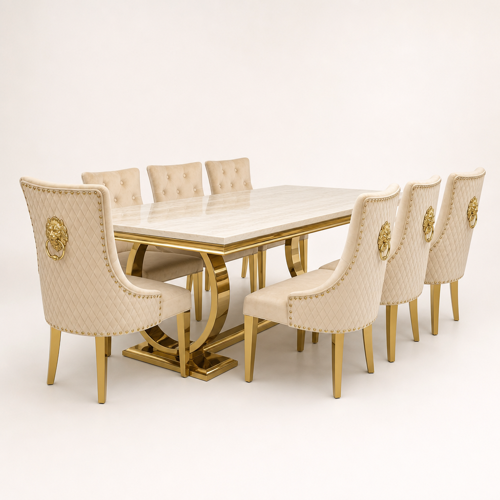 Ariana Cream & Gold Marble Dining Table Set | Majestic Mink Velvet Lion Knocker Chairs | 4 to 10 Seater | 3 Size Options