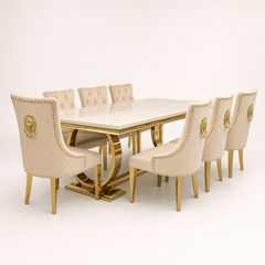 Ariana Cream & Gold Marble Dining Table Set | Majestic Mink Velvet Lion Knocker Chairs | 4 to 10 Seater | 3 Size Options