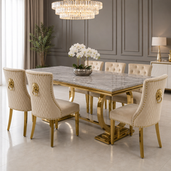 Ariana Grey & Gold Marble Dining Table Set | Majestic Mink Velvet Lion Knocker Chairs | 4 to 10 Seater | 3 Size Options
