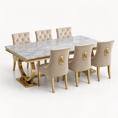 Ariana Grey & Gold Marble Dining Table Set | Majestic Mink Velvet Lion Knocker Chairs | 4 to 10 Seater | 3 Size Options