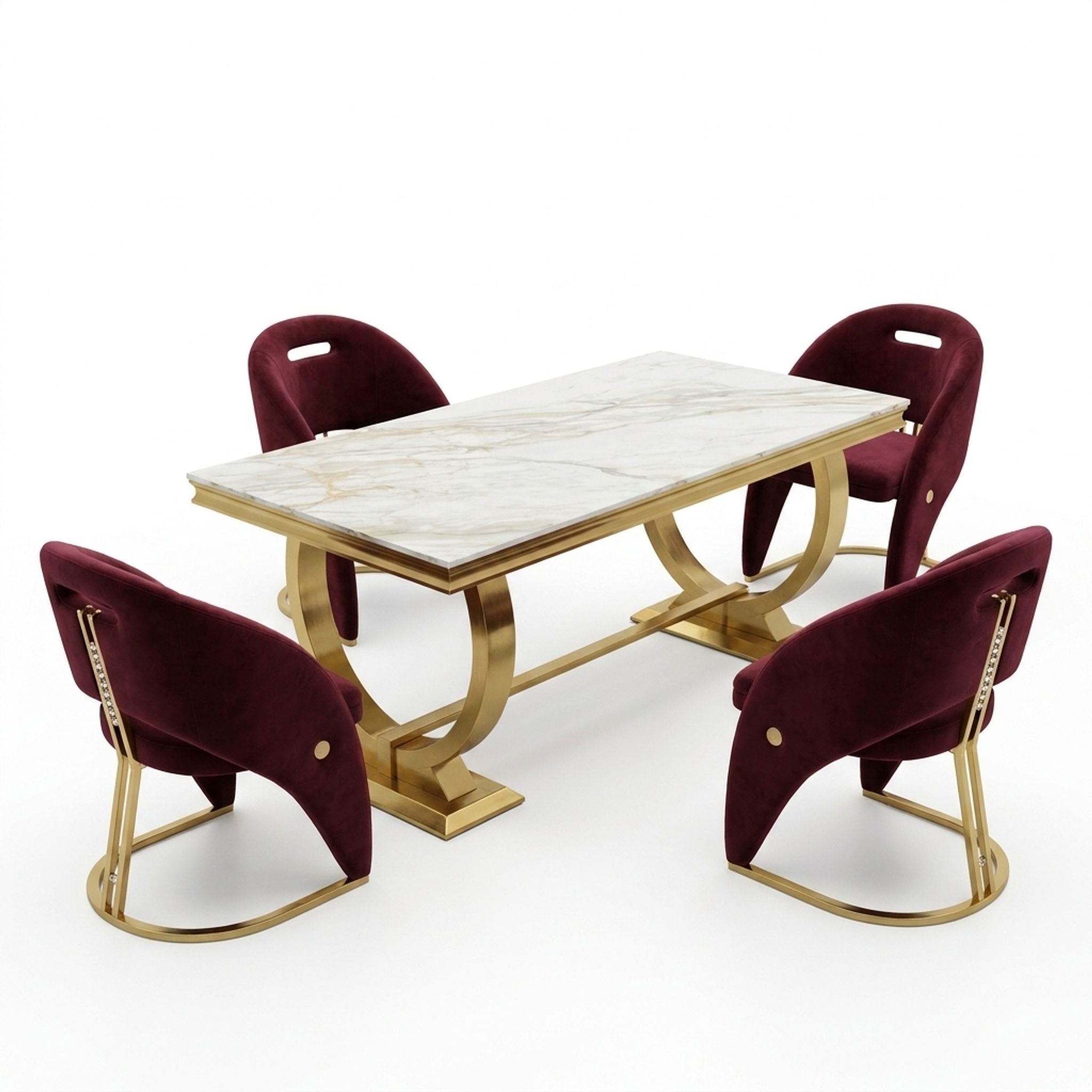 Ariana Kata Gold 150cm Marble Dining Set — Carpi Maroon Velvet Chairs
