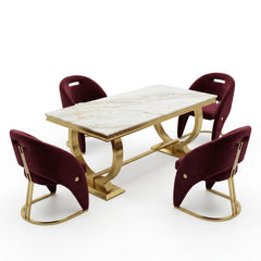 Ariana Kata Gold 180cm Marble Dining Set — Carpi Maroon Velvet Chairs
