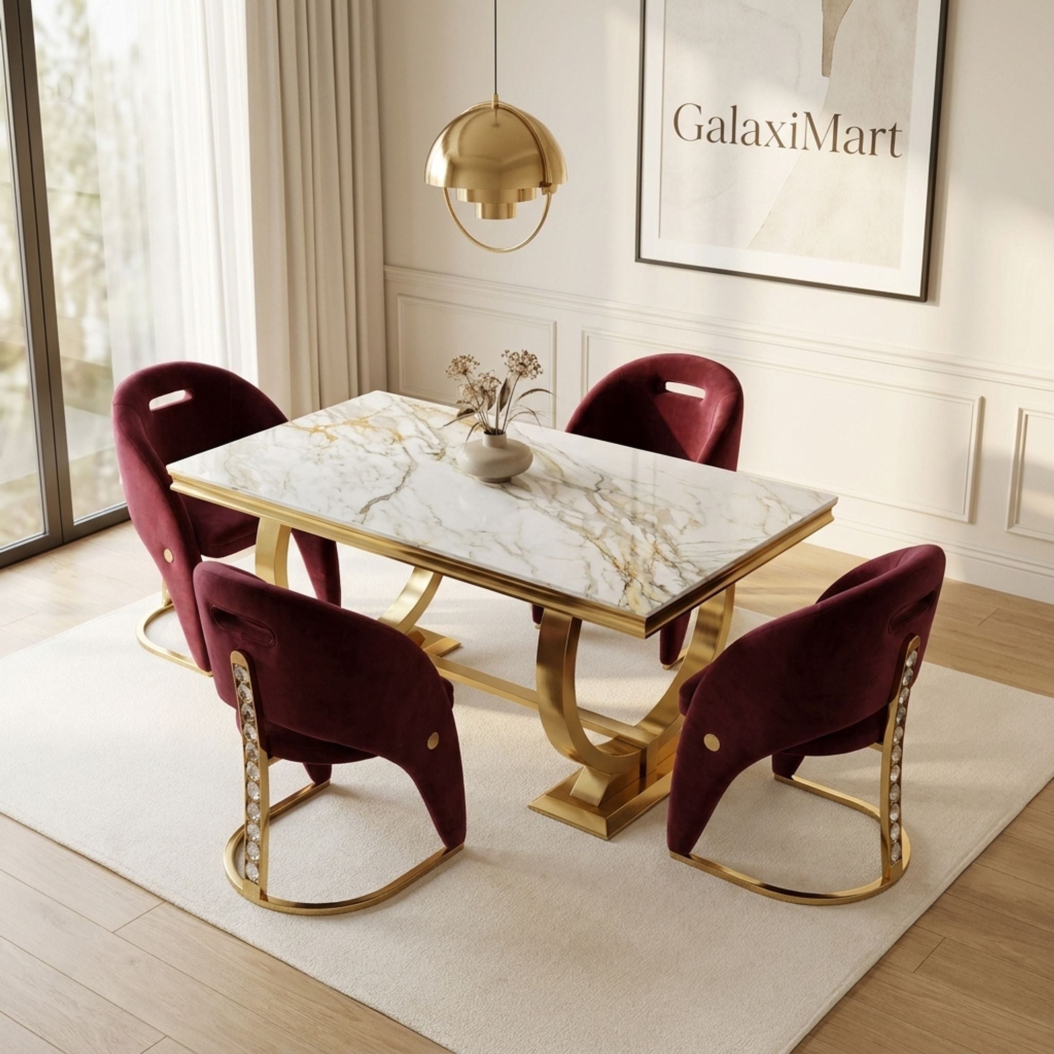 Ariana Kata Gold 200cm Marble Dining Set — Carpi Maroon Velvet Chairs