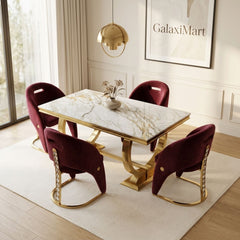 Ariana Kata Gold 200cm Marble Dining Set — Carpi Maroon Velvet Chairs