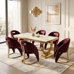 Ariana Kata Gold 200cm Marble Dining Set — Carpi Maroon Velvet Chairs