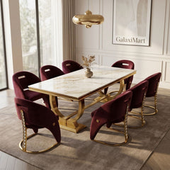 Ariana Kata Gold 200cm Marble Dining Set — Carpi Maroon Velvet Chairs