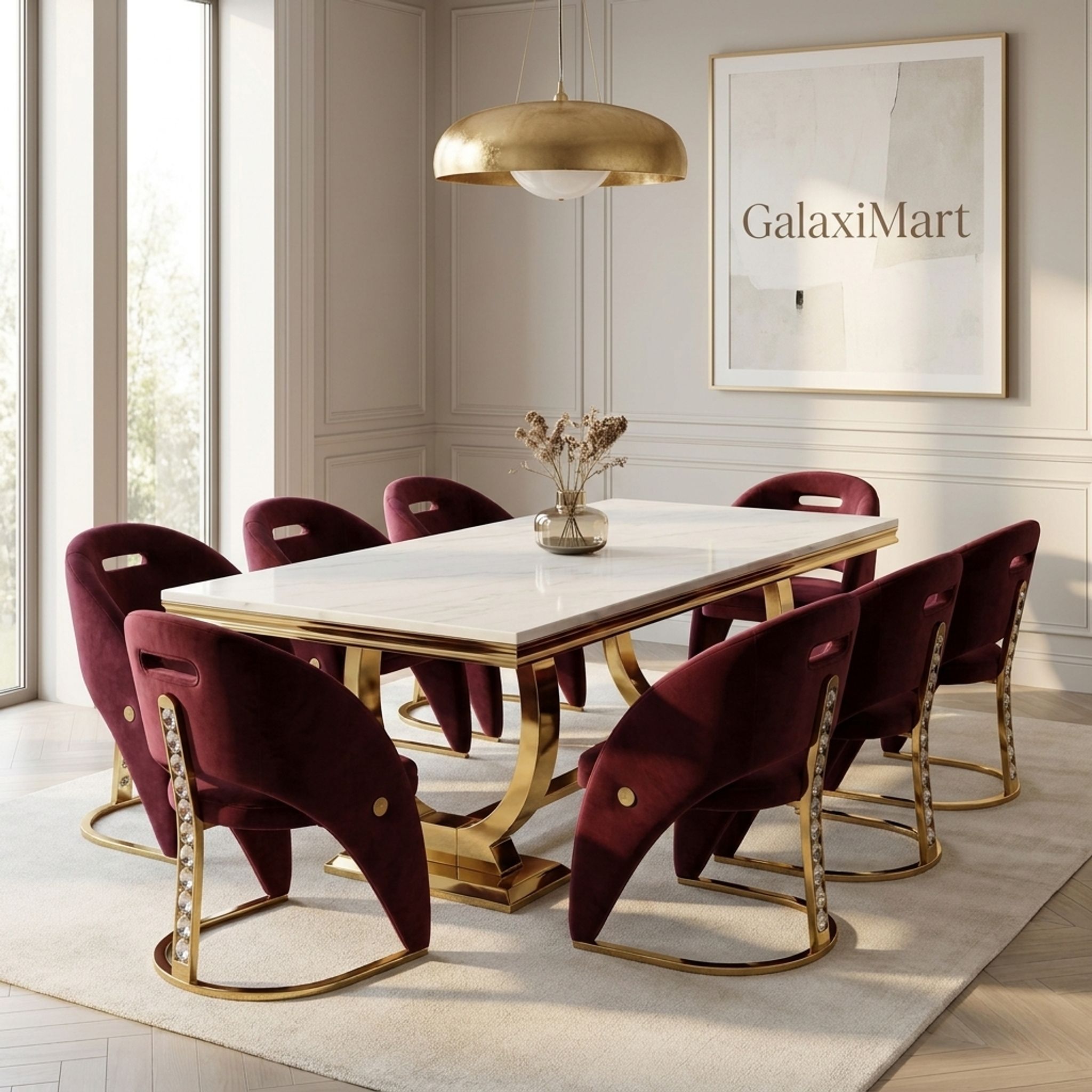 Arianna Cream Gold 180cm Marble Dining Set — Carpi Maroon Velvet Chairs