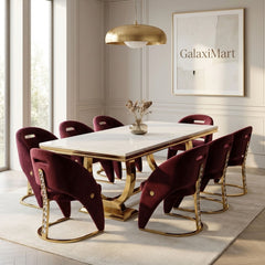 Arianna Cream Gold 200cm Marble Dining Set — Carpi Maroon Velvet Chairs