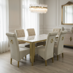 180cm Marble Ceramic Dining Table Set with Velvet Ring Knocker Chairs - 4, 6, 8 Seater Dining Set