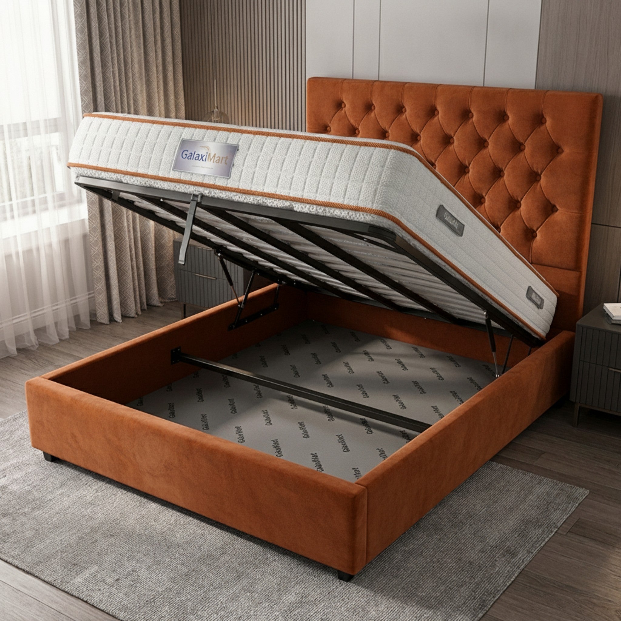Burnt Orange Hampshire Ottoman Bed with Gas-Lift Storage