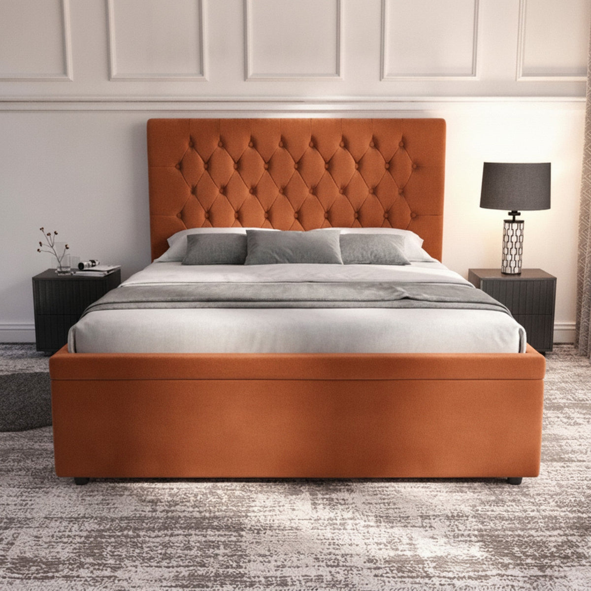 Burnt Orange Hampshire Ottoman Bed with Gas-Lift Storage