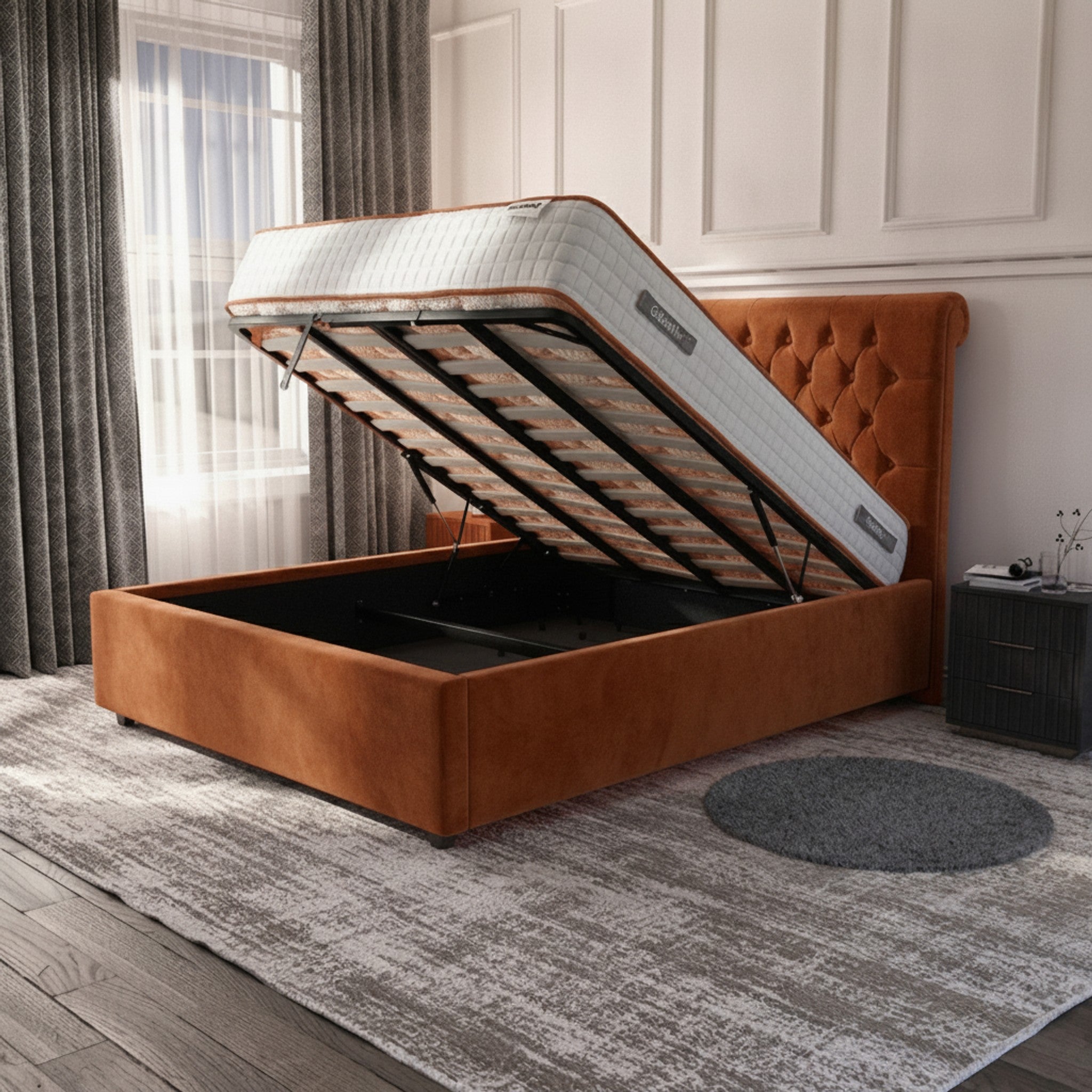 Burnt Orange Hampshire Ottoman Bed with Gas-Lift Storage