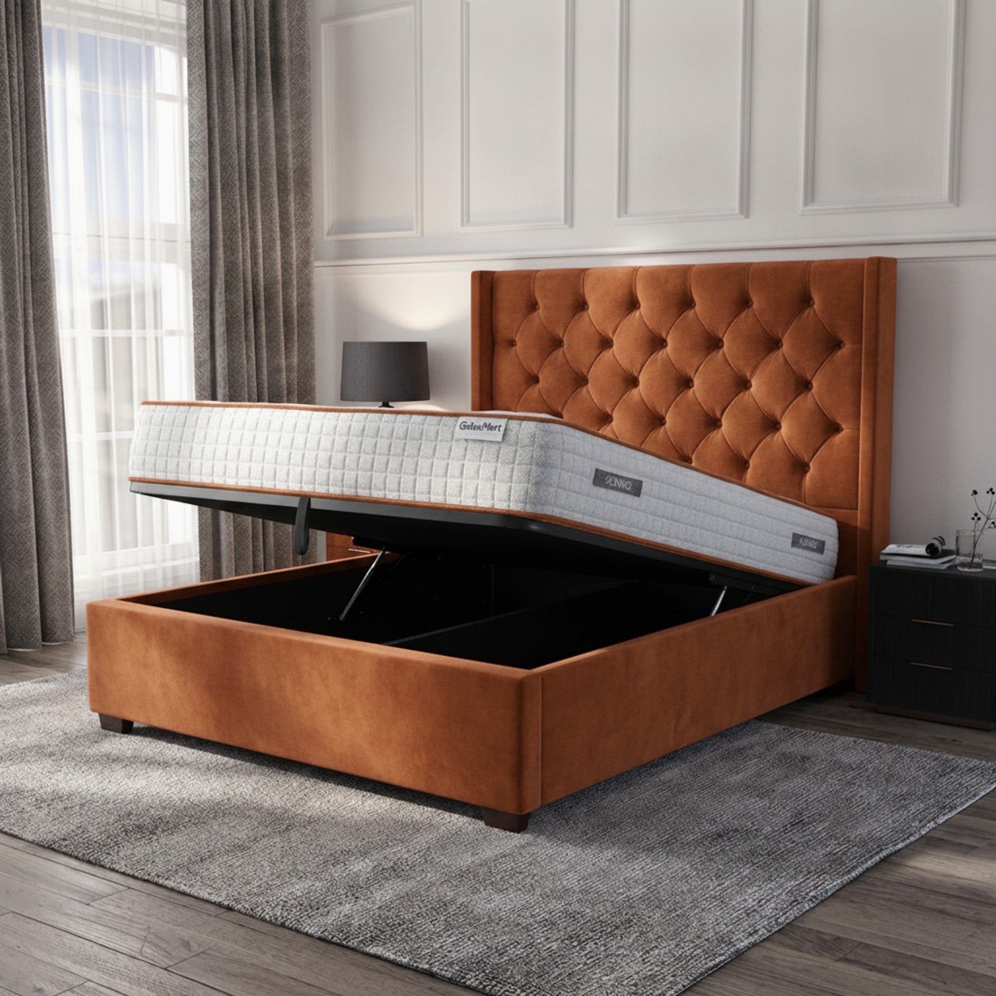 Burnt Orange Hampshire Ottoman Bed with Gas-Lift Storage