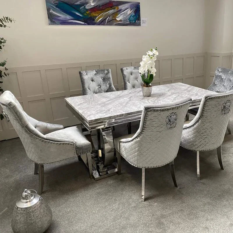 Arianna Grey Marble Dining Table with Valentino Lion Knocker Velvet Chairs – 150cm, 180cm & 200cm Luxury Dining Set