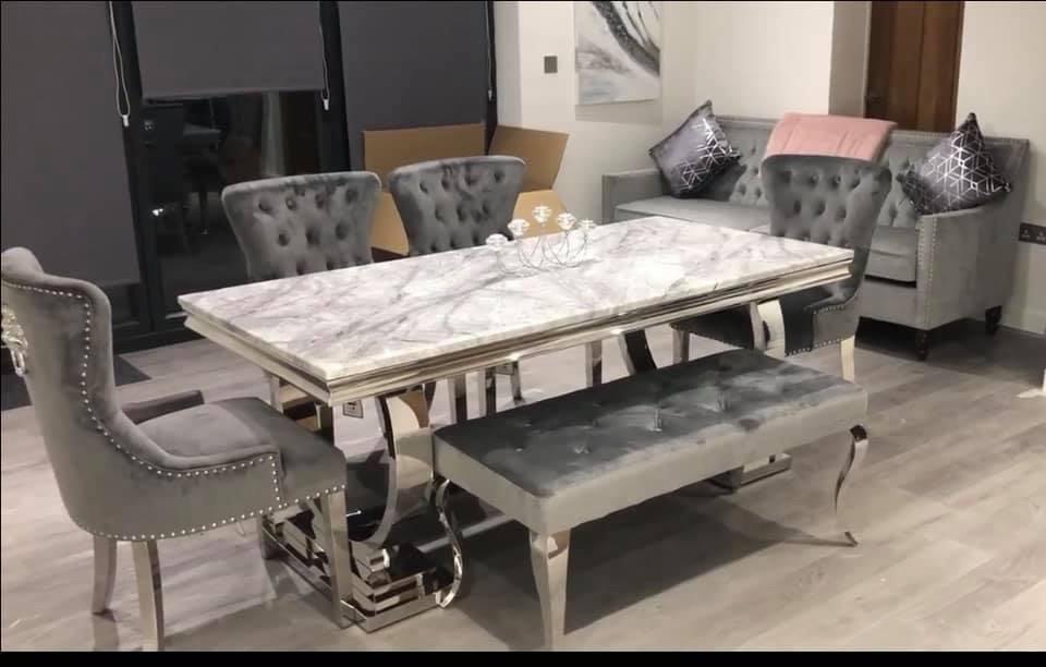 Arianna 180cm Grey Marble Dining Table with 4 Lion Knocker Grey Velvet Dining Chairs and 130cm Matching Bench