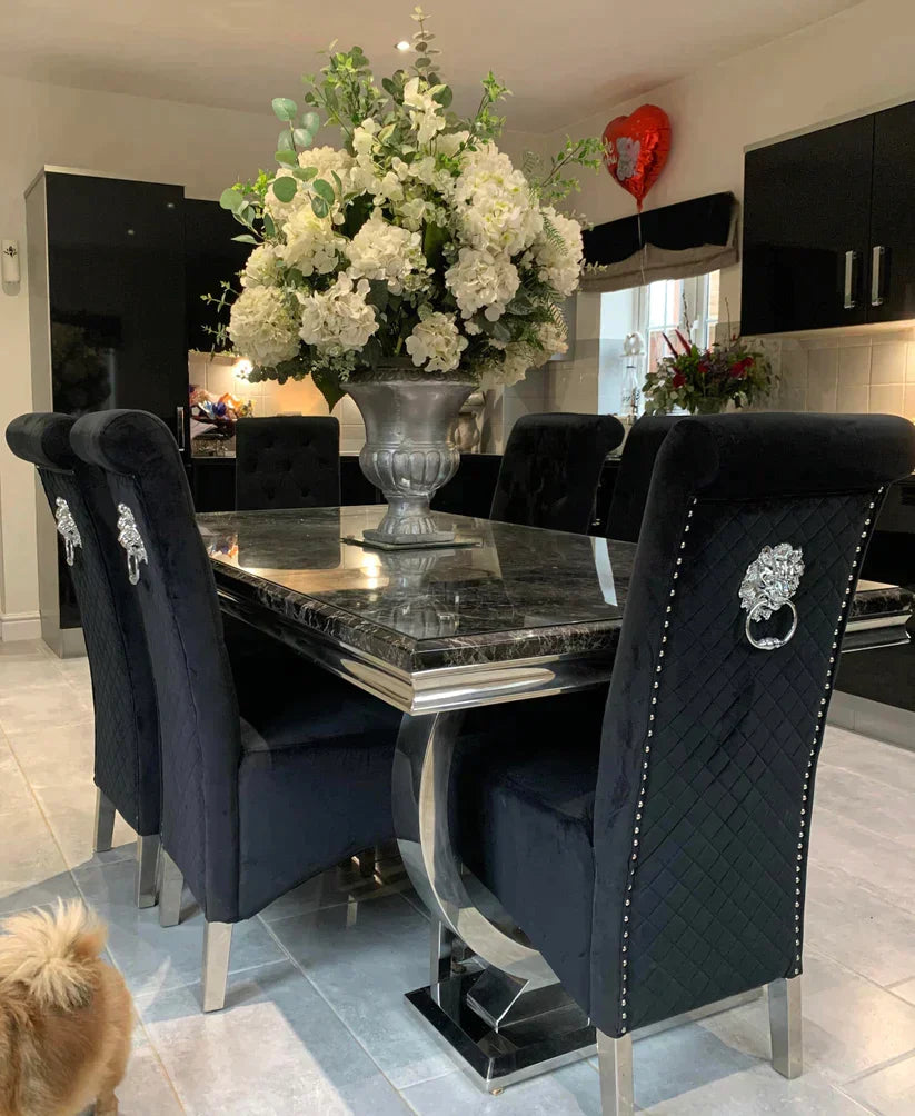 Arianna Marble & Chrome Dining Table with Lucy Slim Quilted Lion Knocker Velvet Dining Chairs – Luxury Dining Set