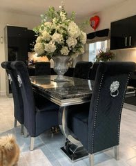 Arianna Marble & Chrome Dining Table with Lucy Slim Quilted Lion Knocker Velvet Dining Chairs – Luxury Dining Set