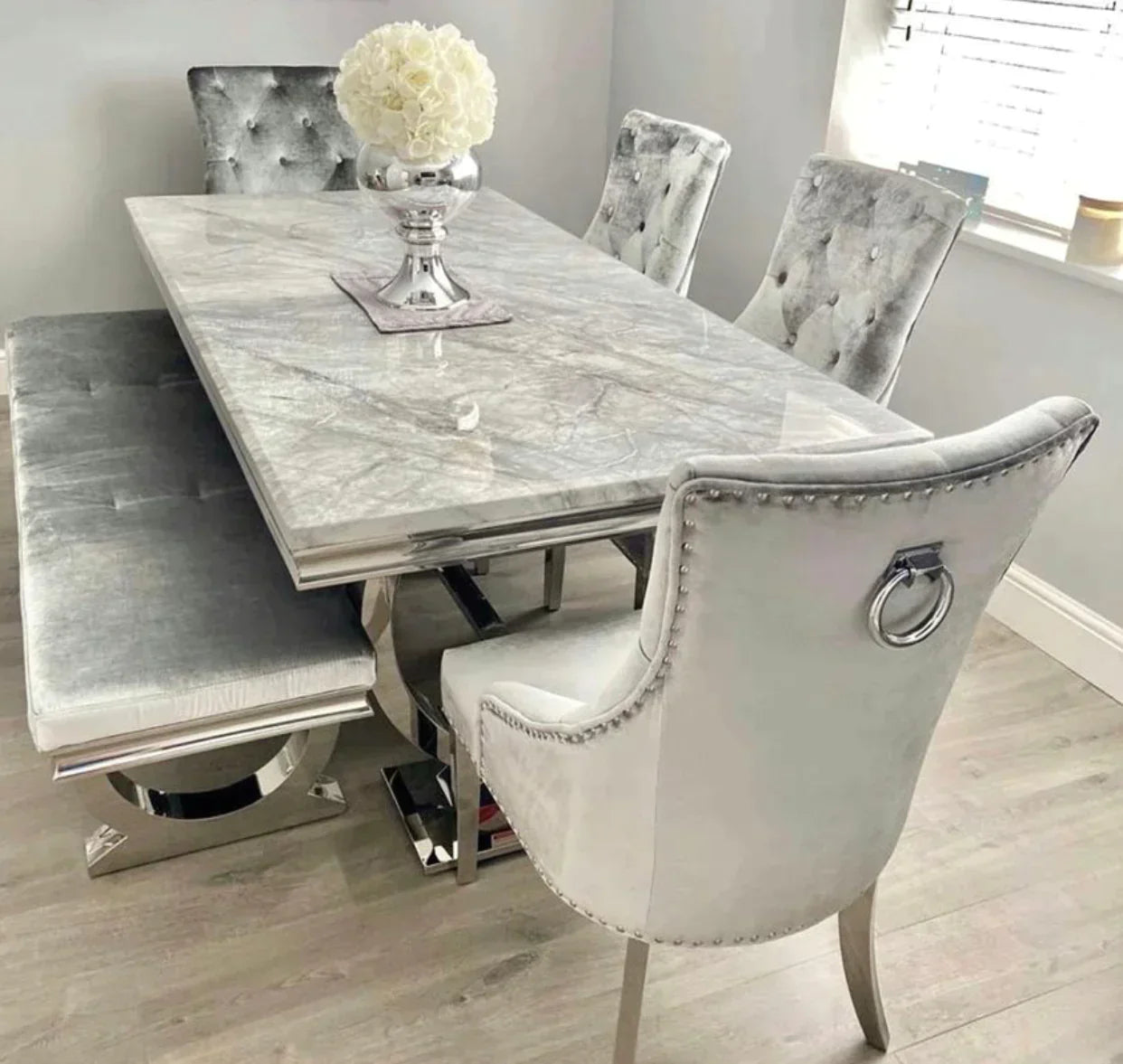 Arianna 200cm Grey Marble Dining Table with Belle Grey Velvet Dining Chairs and 180cm Grey Matching Bench