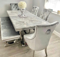 Arianna 200cm Grey Marble Dining Table with Belle Grey Velvet Dining Chairs and 180cm Grey Matching Bench