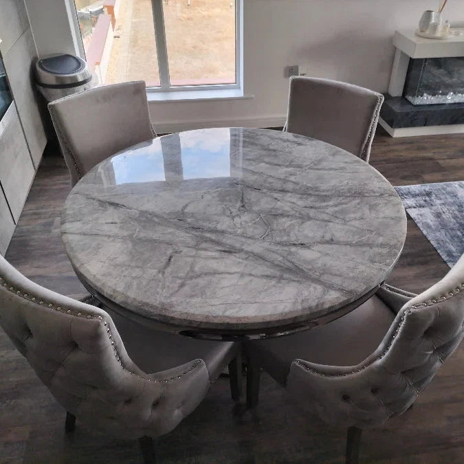 Chelsea 130cm Marble Round Dining Table + Blue Lion Knocker Chairs