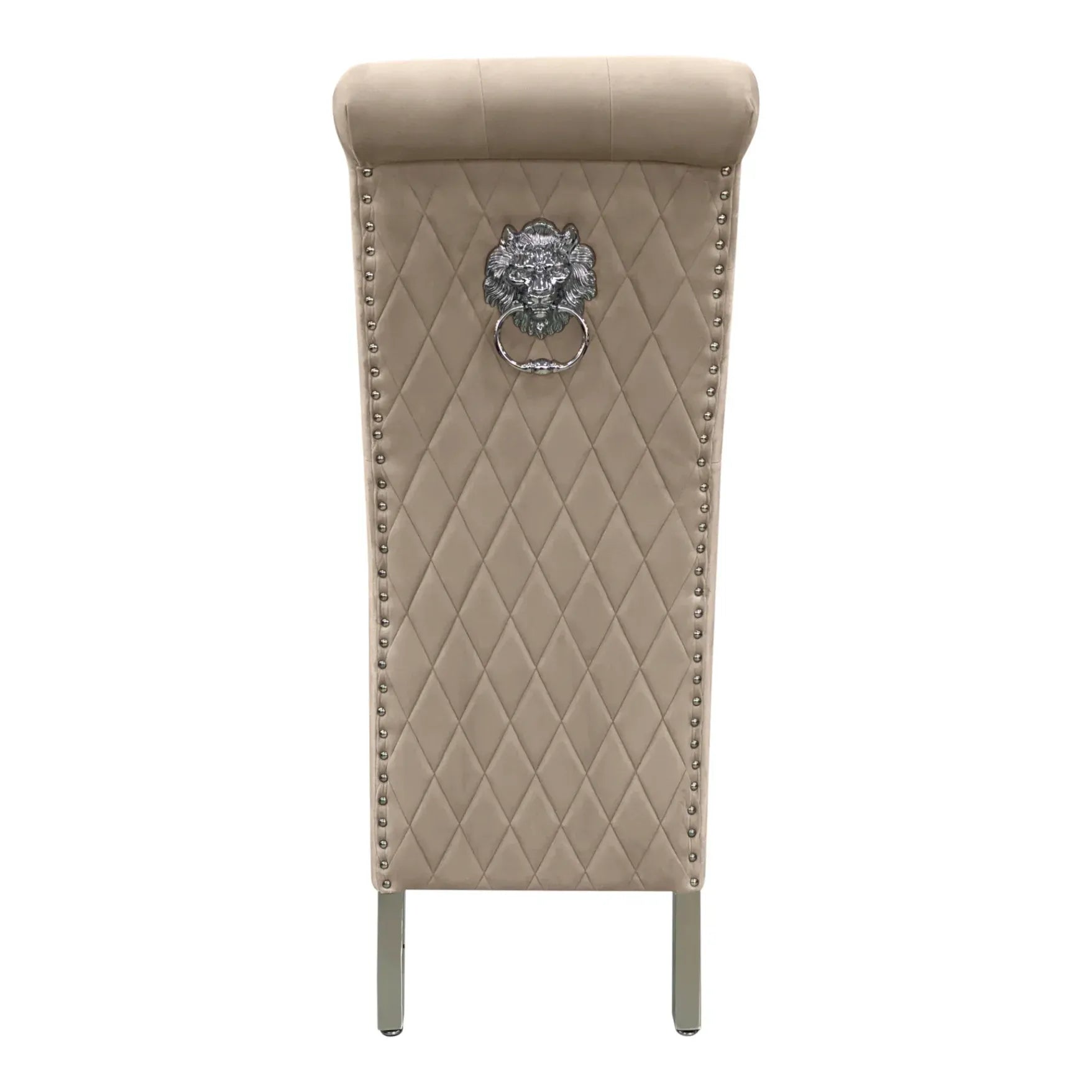 Arianna Grey Marble Dining Table with Sofia High Back Cream Lion Knocker Plush Velvet Dining Chairs