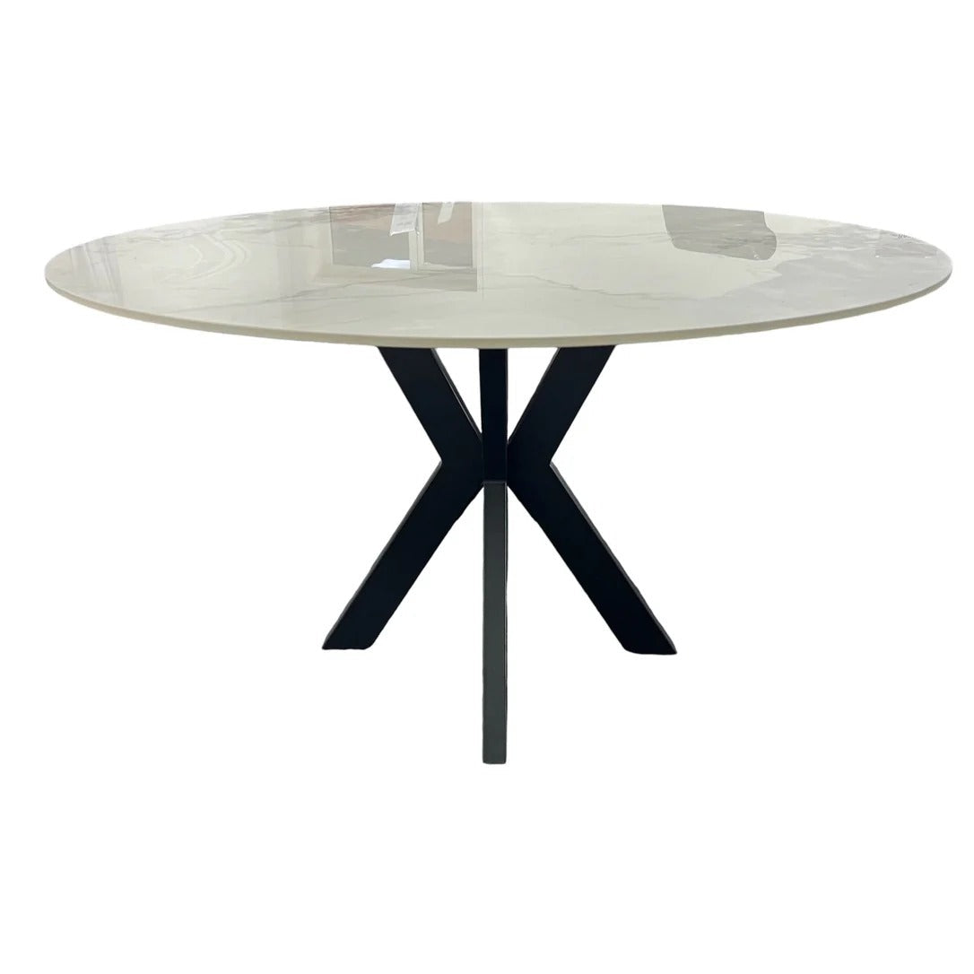 130cm Round White Marble Dining Set | 4 Grey Velvet & PU Leather Chairs