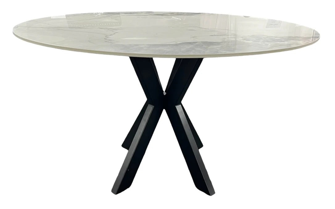 130cm Round White Marble Dining Set | 4 Grey Velvet & PU Leather Chairs