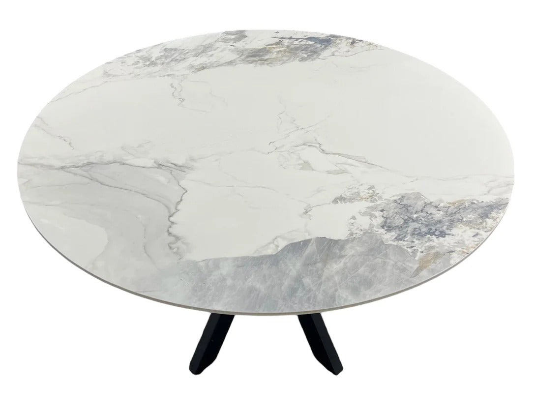 130cm Round Marble Dining Table & 4 Grey PU Leather Chairs
