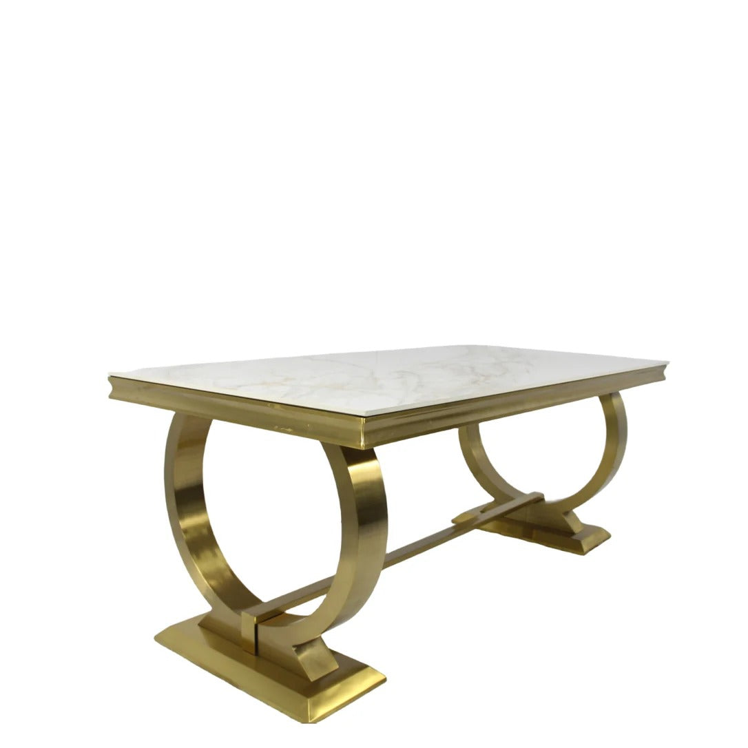 Arianna Gold Marble Dining Table + Victoria Cream and Gold Chairs Lion Knocker