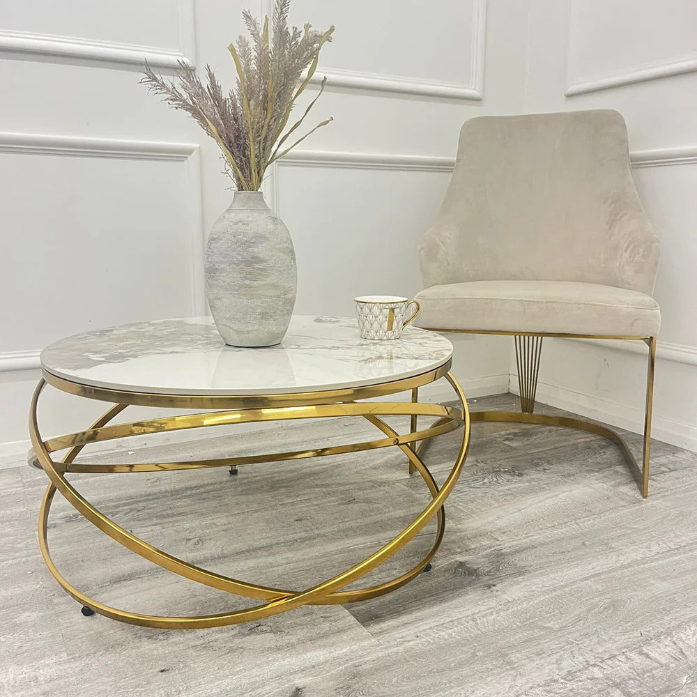 Arianna Gold Marble Dining Table with Lasco Gold Velvet Dining Chairs – Luxury Dining Set