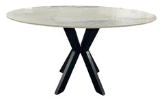 130cm Round White Marble Dining Set | 4 Grey Velvet & PU Leather Chairs