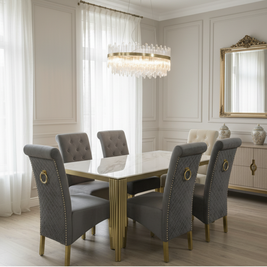 180cm Marble Ceramic Dining Table Set with Velvet Ring Knocker Chairs - 4, 6, 8 Seater Dining Set
