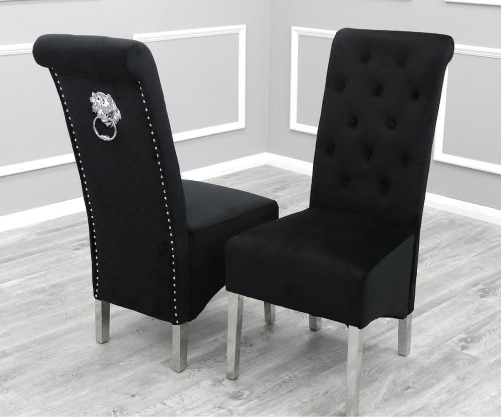 Arianna 200cm Black Marble Dining Table with Sofia Black Lion Knocker Plush Velvet Dining Chairs