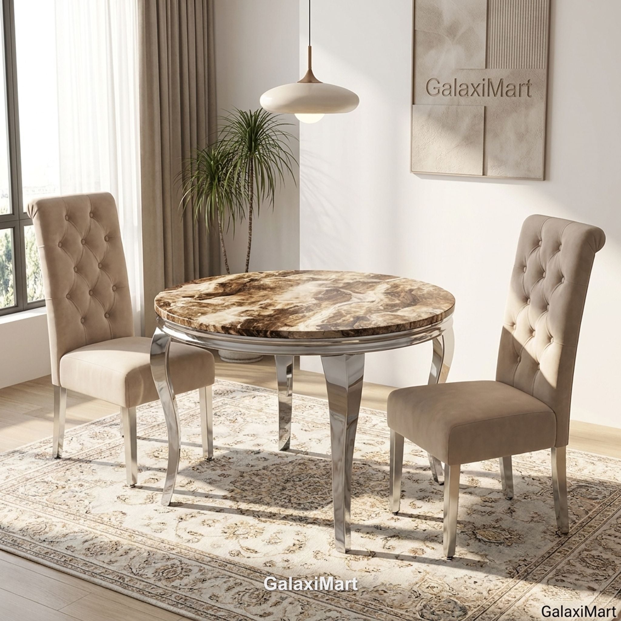 130cm Round Beige Dining Table Set with Mink Chairs