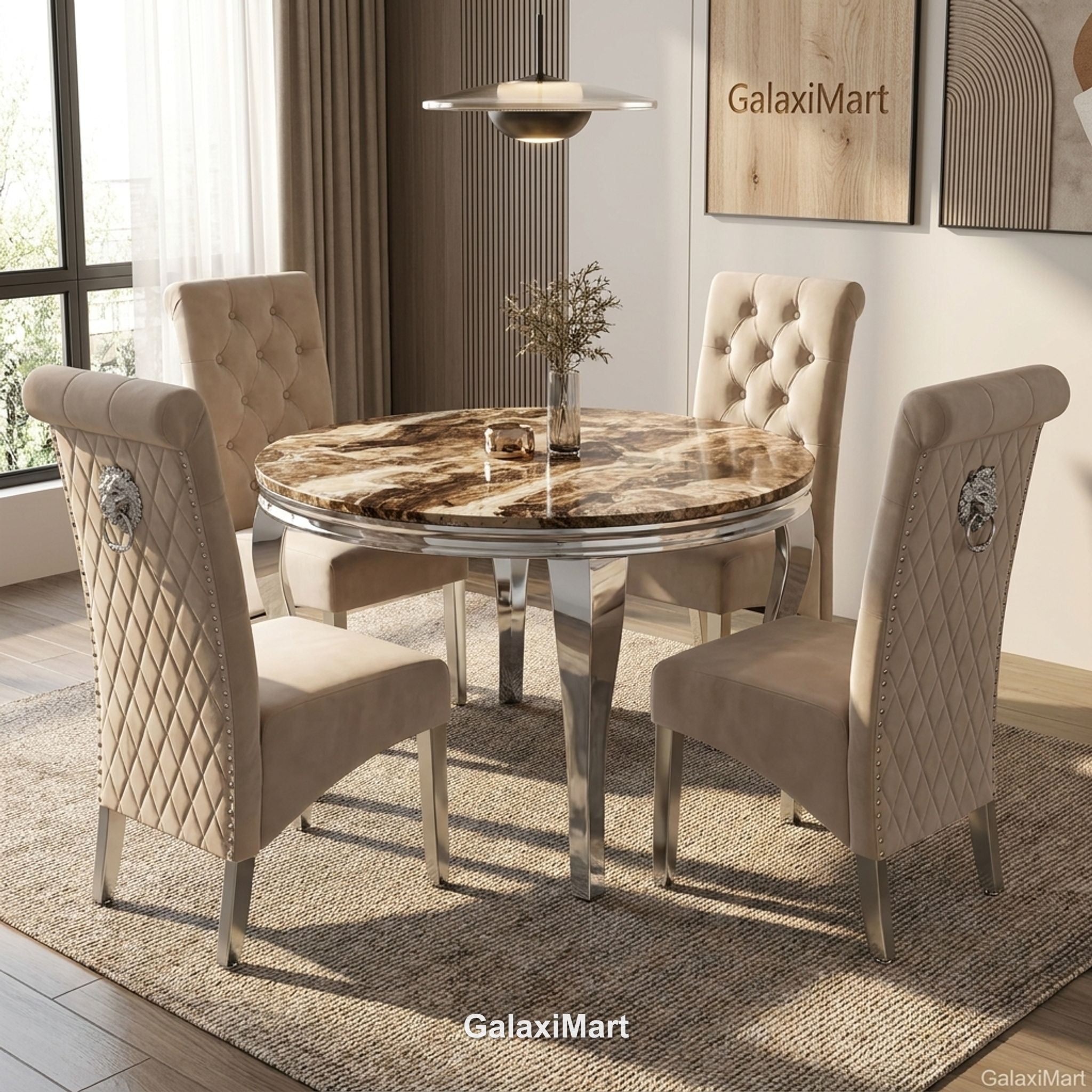 130cm Round Beige Dining Table Set with Mink Chairs