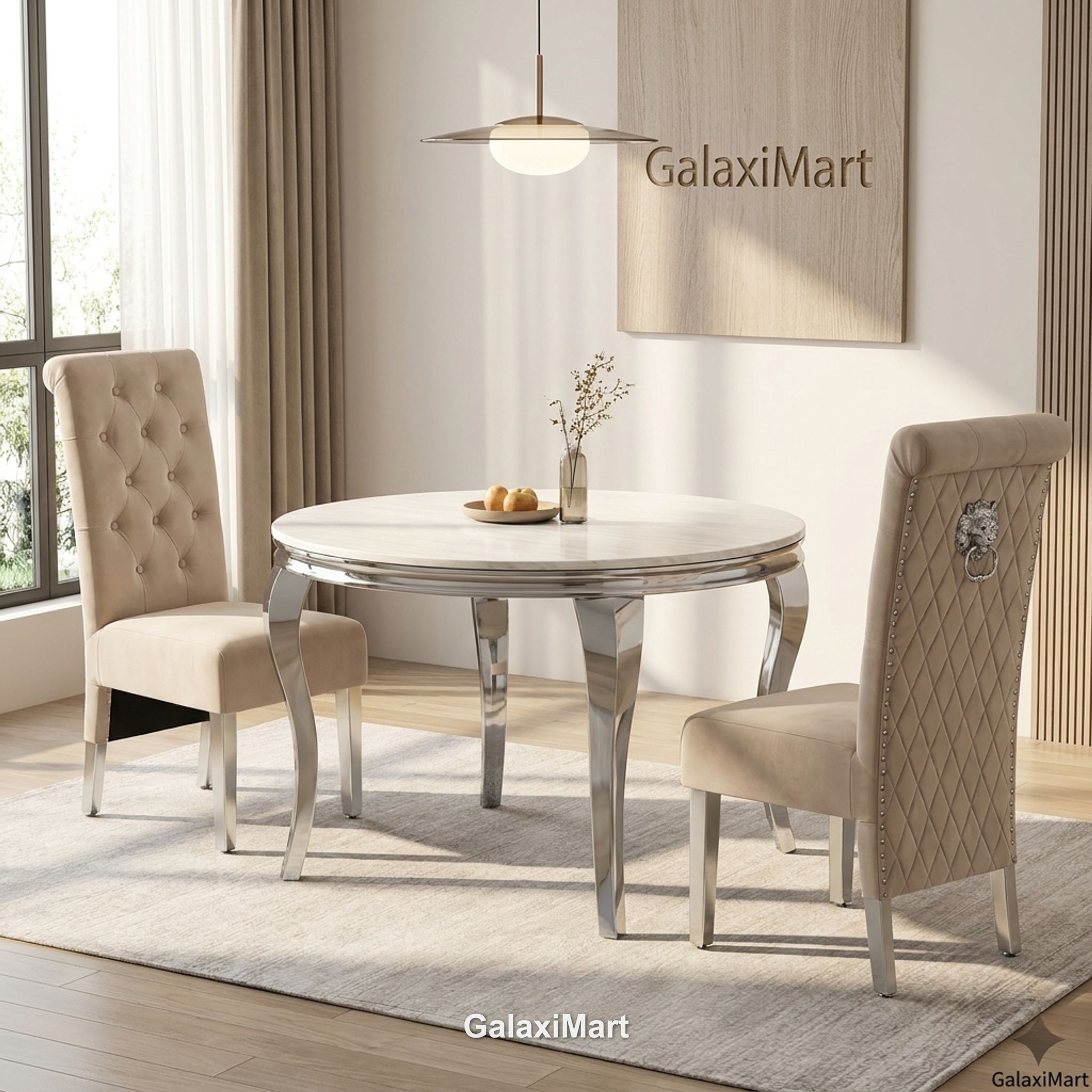130cm Round Beige Dining Table Set with Mink Chairs