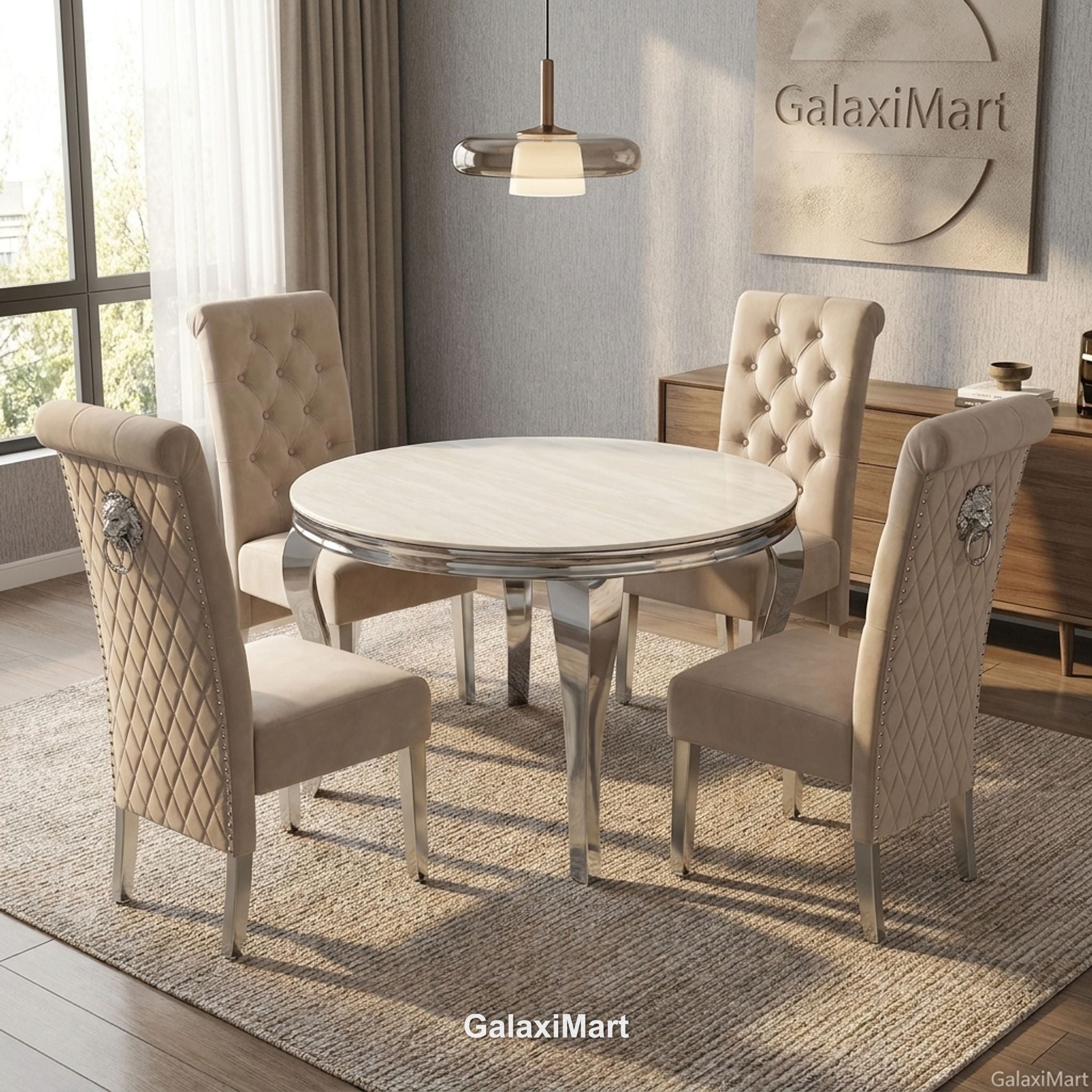 130cm Round Beige Dining Table Set with Mink Chairs