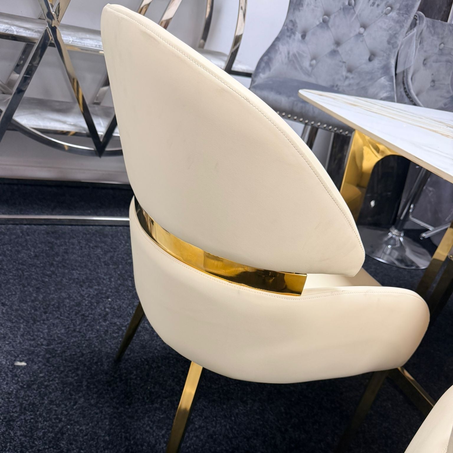 Chelsea 130cm Round Cream & Gold Marble Table + Madrid PU Cream Gold Chairs