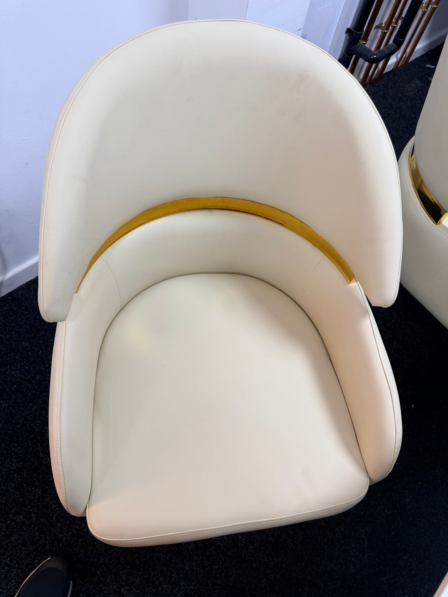 Chelsea 130cm Round Cream & Gold Marble Table + Madrid PU Cream Gold Chairs