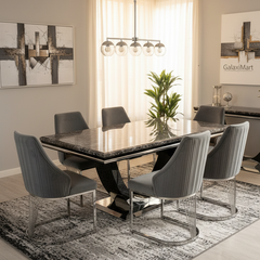 Ariel Black Marble Dining Table with Lasco Velvet Dining Chairs – Modern Luxury Dining Set