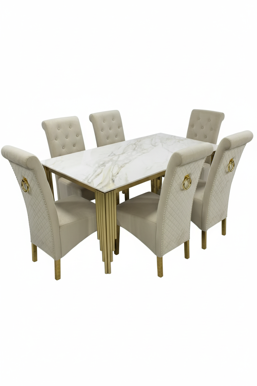 180cm Marble Ceramic Dining Table Set with Velvet Ring Knocker Chairs - 4, 6, 8 Seater Dining Set
