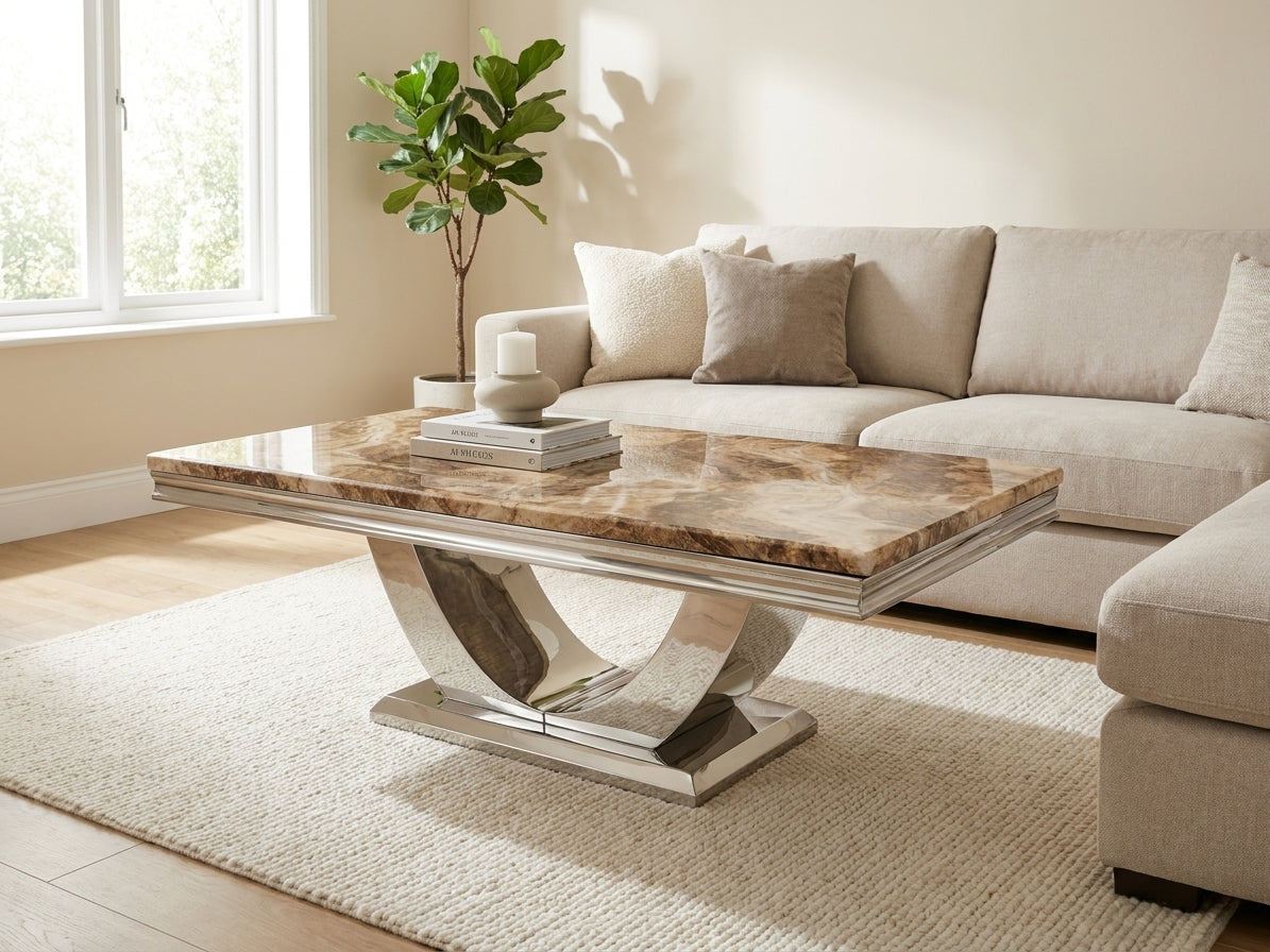 Ariel Brown Marble & Chrome Coffee Table
