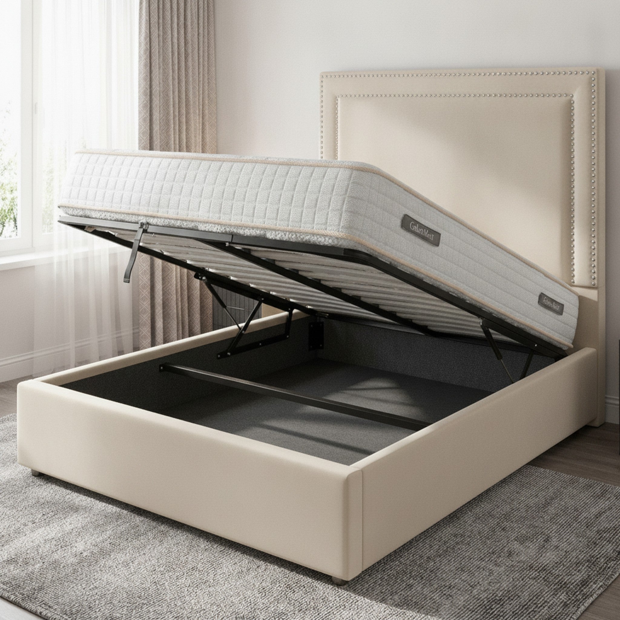 Cream Plain Ottoman Bed with Gas-Lift Storage