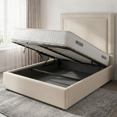 Cream Plain Ottoman Bed with Gas-Lift Storage