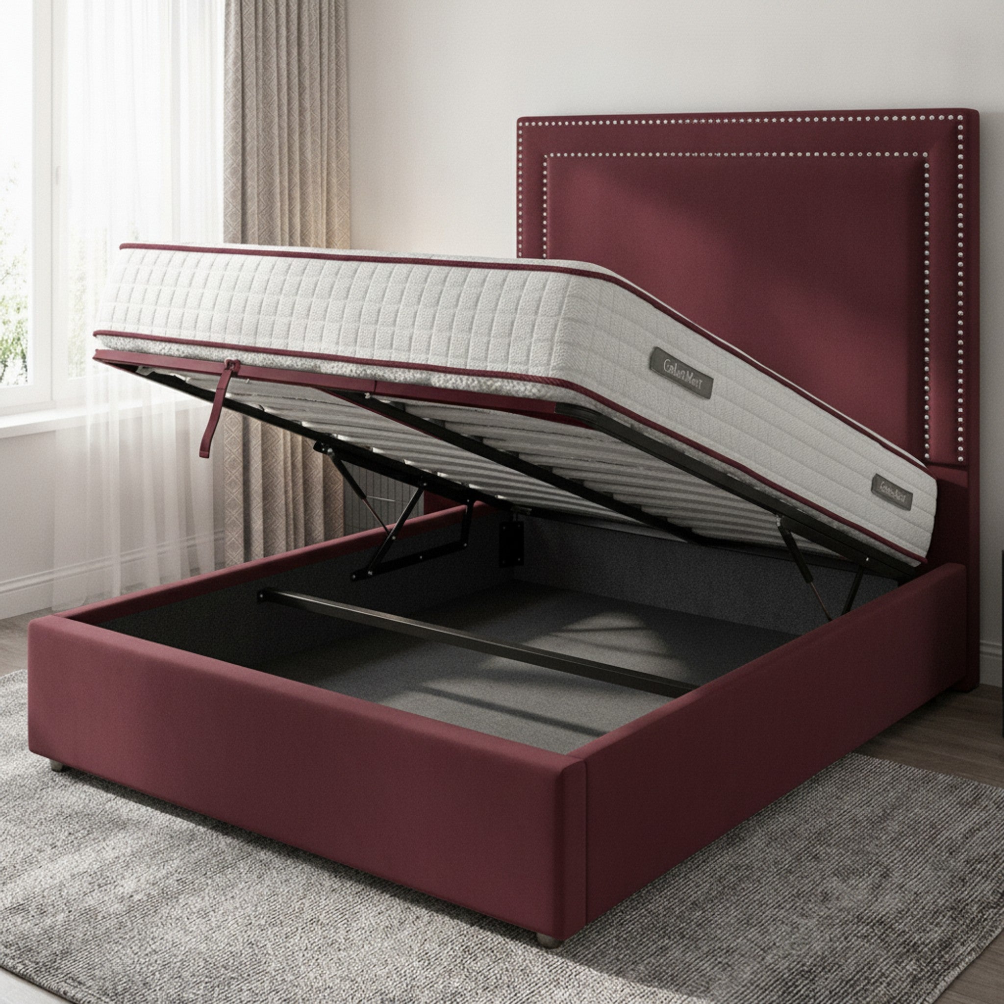 Claret Plain Ottoman Bed - Premium Gas-Lift Storage