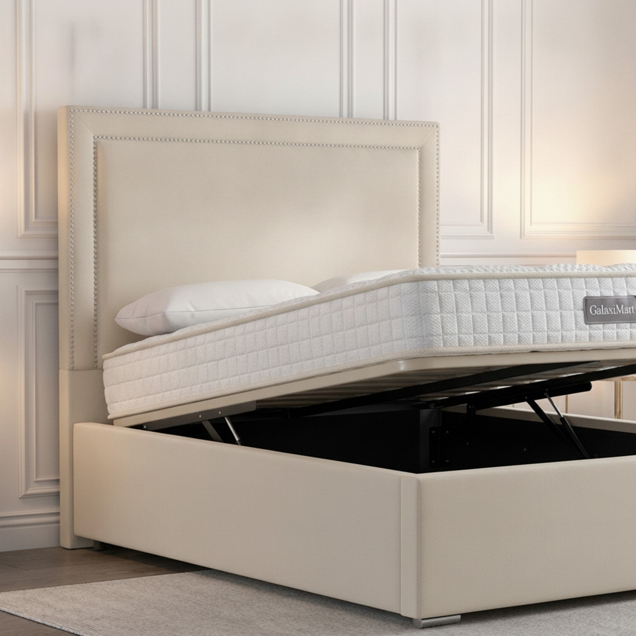 Cream Plain Ottoman Bed with Gas-Lift Storage
