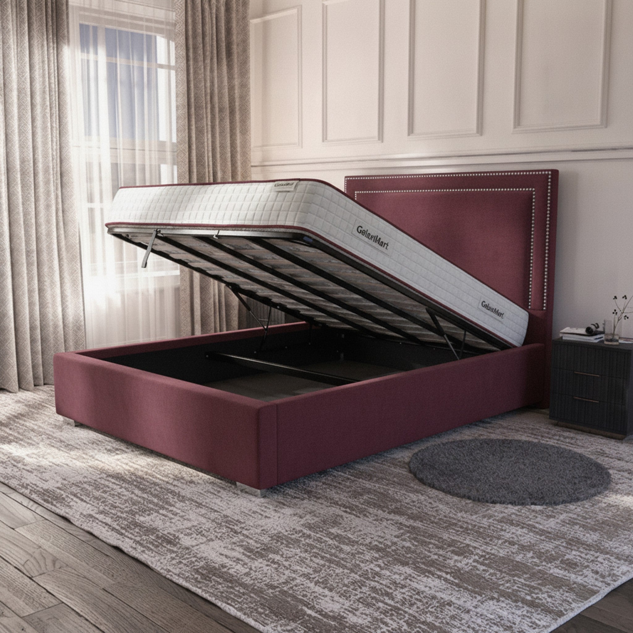 Claret Plain Ottoman Bed - Premium Gas-Lift Storage