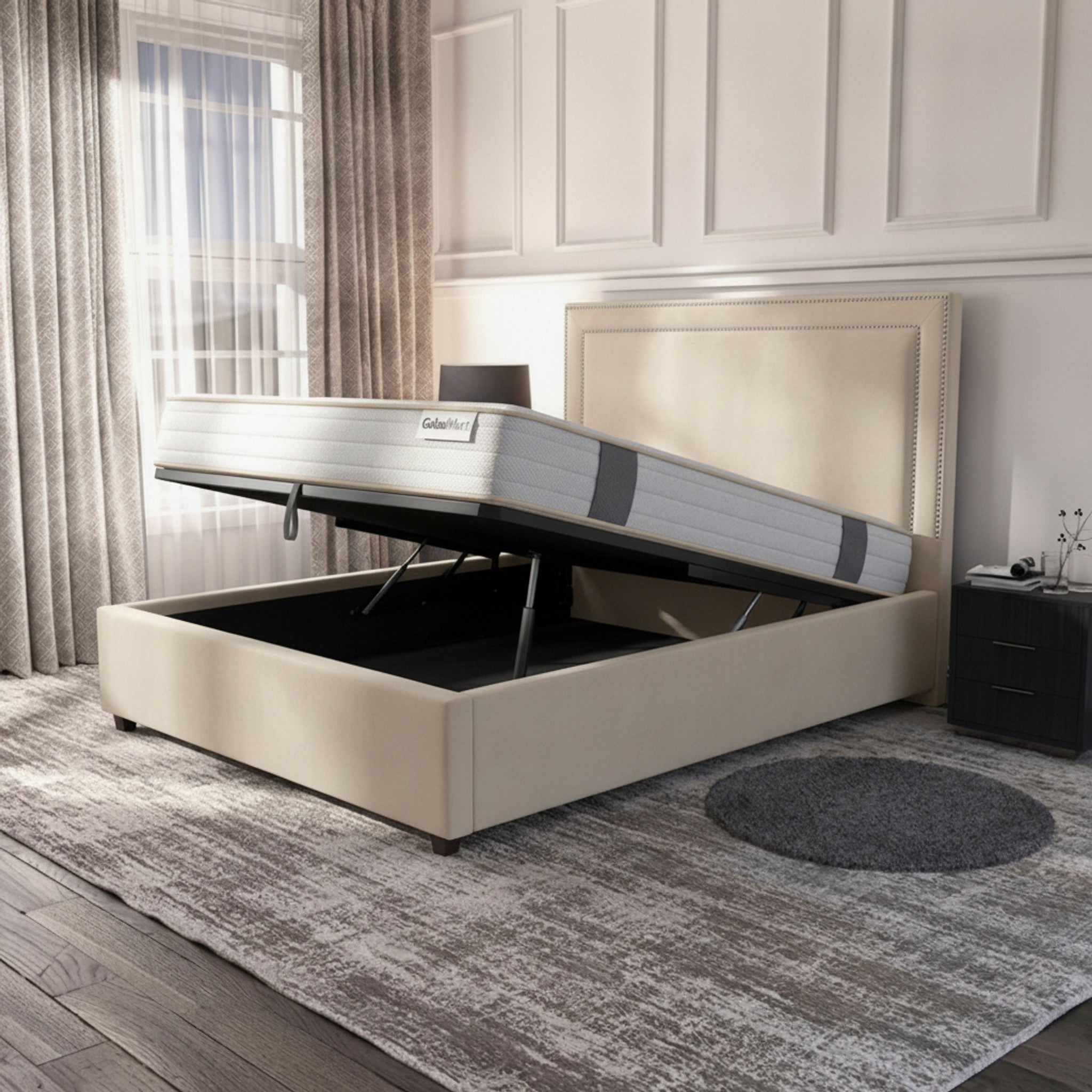 Cream Plain Ottoman Bed with Gas-Lift Storage