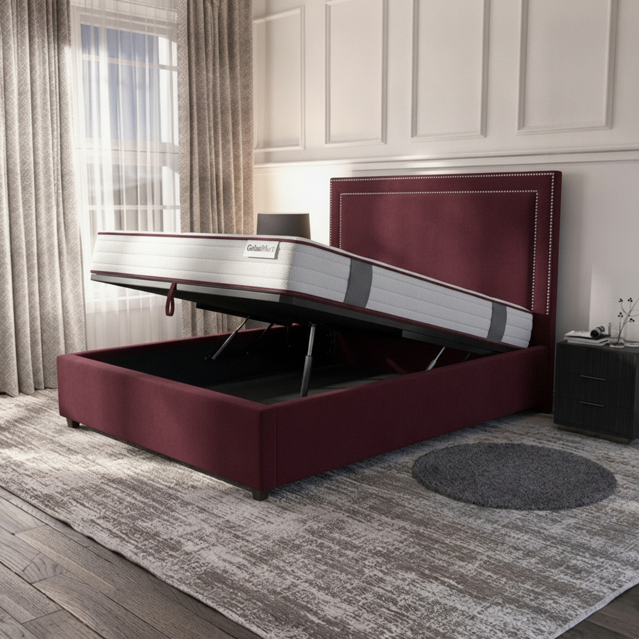 Claret Plain Ottoman Bed - Premium Gas-Lift Storage